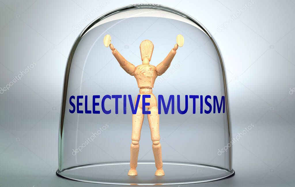 Selective mutism can separate a person from the world and lock in an isolation that limits - pictured as a human figure locked inside a glass with a phrase Selective mutism, 3d illustration