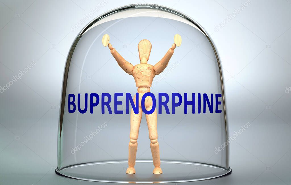 Buprenorphine can separate a person from the world and lock in an isolation that limits - pictured as a human figure locked inside a glass with a phrase Buprenorphine, 3d illustration