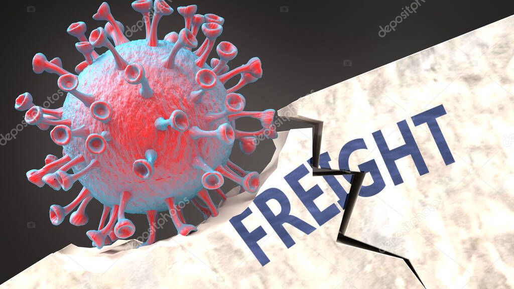 Covid virus destroying freight - big corona virus breaking a solid, sturdy and established freight structure, to symbolize problems and chaos caused by covid pandemic, 3d illustration