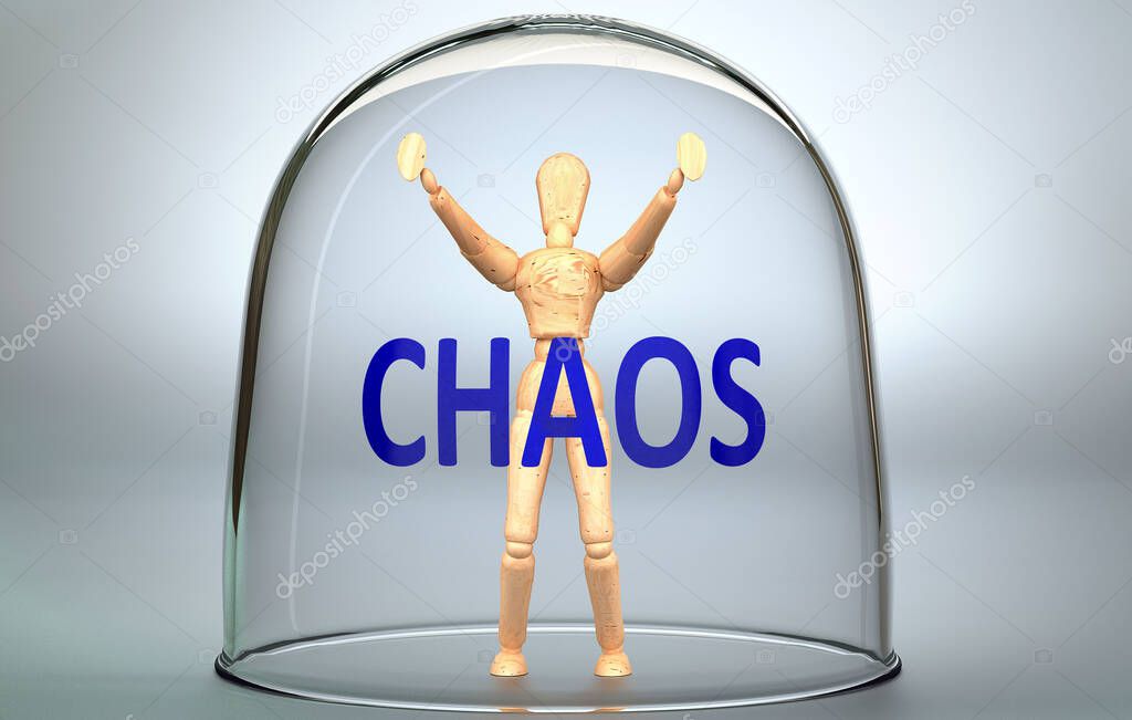 Chaos can separate a person from the world and lock in an invisible isolation that limits and restrains - pictured as a human figure locked inside a glass with a phrase Chaos, 3d illustration