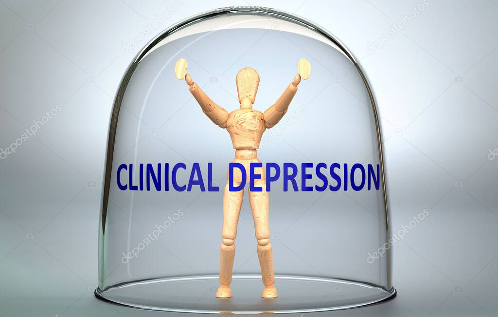 Clinical depression can separate a person from the world and lock in an isolation that limits - pictured as a human figure locked inside a glass with a phrase Clinical depression, 3d illustration