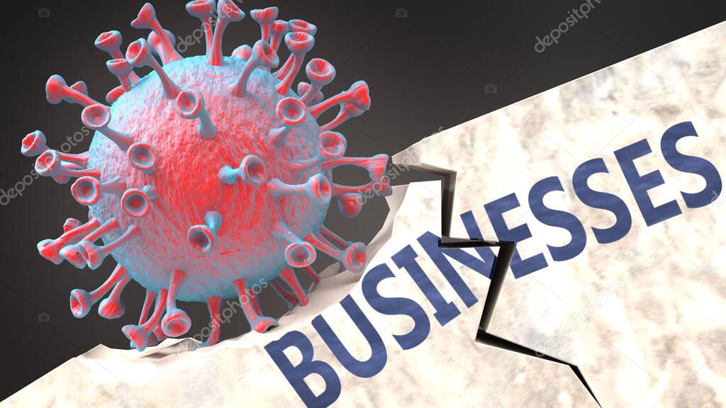 Covid virus destroying businesses - big corona virus breaking a solid, sturdy and established businesses structure, to symbolize problems and chaos caused by covid pandemic, 3d illustration