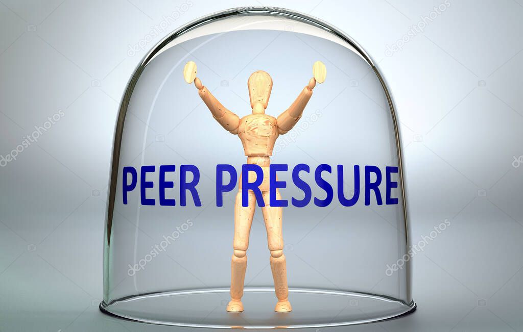 Peer pressure can separate a person from the world and lock in an isolation that limits - pictured as a human figure locked inside a glass with a phrase Peer pressure, 3d illustration