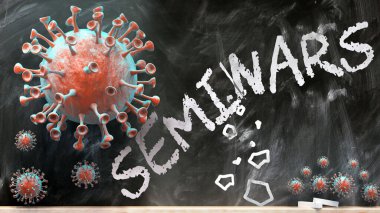 Covid and seminars - covid-19 viruses breaking and destroying seminars written on a school blackboard, 3d illustration clipart