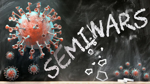 Covid Seminars Covid Virussen Breken Vernietigen Seminars Geschreven Een Schoolbord — Stockfoto