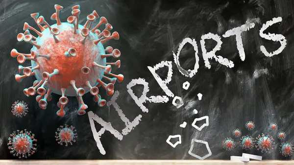 Covid Airports Covid Virus Breaking Destruction Airports School Blackboard Illustration — 스톡 사진