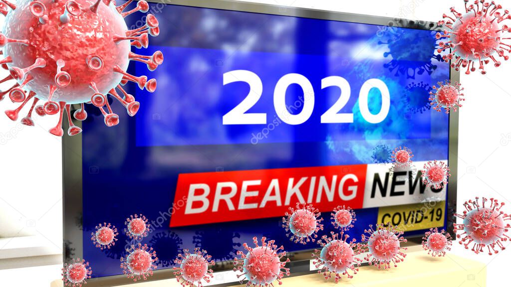 Covid, 2020 and a tv set showing breaking news - pictured as a tv set with corona 2020 news and deadly viruses around attacking it, 3d illustration
