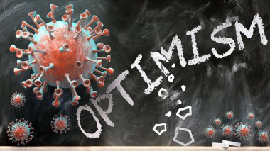 Covid ve iyimserlik - covid-19 virüsleri bir okul tahtasına yazılmış iyimserliği yıkıp yok ediyor, 3D çizim