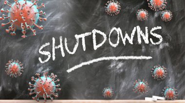 Kapatma ve covid virüs - pandemik kargaşa ve kapanmalar Corona virüslerinin okul tahtasına yazılı olarak saldırması olarak resmedildi. Kapatma, 3 boyutlu illüstrasyon