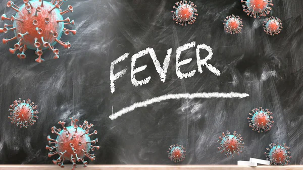 熱とCovidウイルス パンデミック混乱と熱は 学校の黒板に書かれた言葉で攻撃するコロナウイルスとして描かれています熱 3Dイラスト — ストック写真