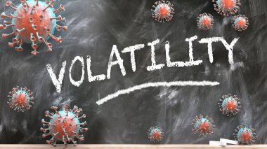 Volatilite ve covid virüs - Corona virüsleri olarak resmedilmiş salgın hastalık ve Volatilite okul tahtasına yazılı bir kelime ile saldırıyor, Volatilite, 3d illüstrasyon