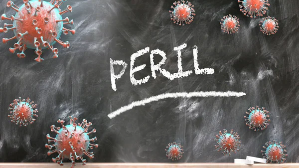 危险和鳕鱼病毒 大流行的混乱和危险被描绘成电晕病毒攻击学校黑板的文字危险 3D例子 — 图库照片