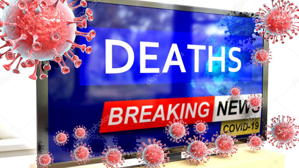 Covid, deaths and a tv set showing breaking news - pictured as a tv set with corona deaths news and deadly viruses around attacking it, 3d illustration