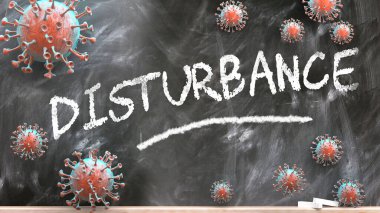 Karışıklık ve çovid virüsü. Corona virüsleri okul tahtasına yazılı bir kelimeyle saldırıyor. Karışıklık, 3 boyutlu illüstrasyon.