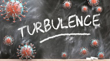 Türbülans ve covid virüs - pandemik kargaşa ve türbülans olarak resmedilen korona virüsleri okul tahtasına yazılı bir türbülans ile saldırıyor, 3D illüstrasyon