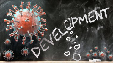Covid ve Geliştirme - covid-19 virüsleri okul tahtasına yazılan yıkıcı ve yıkıcı gelişmeler, 3 boyutlu resimleme