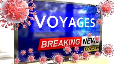 Covid, seyahatler ve son dakika haberlerini gösteren bir televizyon seti. Corona Seyahatleri haberleri ve ölümcül virüslerle dolu bir televizyon seti.