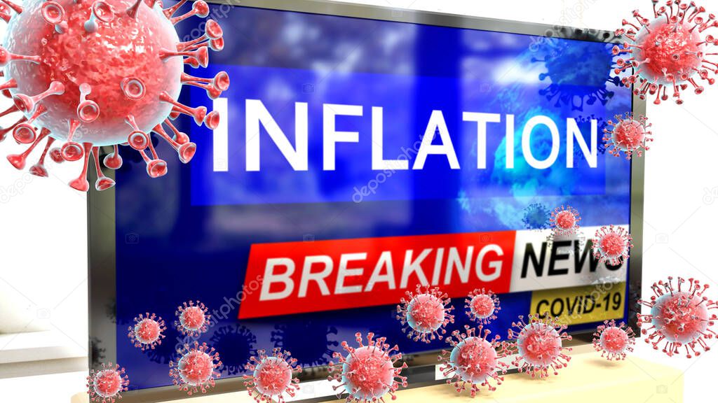 Covid, inflation and a tv set showing breaking news - pictured as a tv set with corona inflation news and deadly viruses around attacking it, 3d illustration