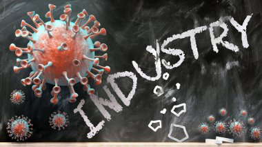 Covid ve Endüstri - covid-19 virüsleri yıkıp yok eden endüstri okul tahtasına yazılmış, 3 boyutlu resimleme