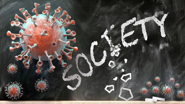 Covid Society Covid Virus Breaking Destroying Society Written School Blackboard — 图库照片