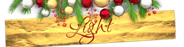 Helle Und Weiße Weihnachtskarte Mit Hellem Hintergrund Goldenem Geschenkpapier Weihnachtsschmuck — Stockfoto