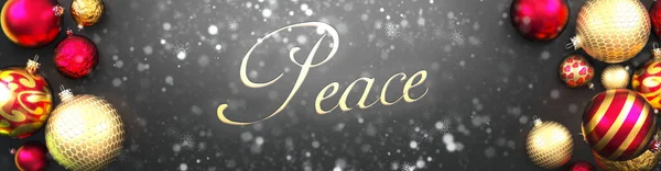 平和とクリスマス クリスマスの装飾ボール 雪とエレガントな単語を持つ空想の黒の背景カード平和 3Dイラスト — ストック写真