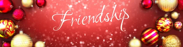Barátság Karácsonyi Kártya Piros Háttér Karácsonyi Dísz Labdák Egy Divatos — Stock Fotó