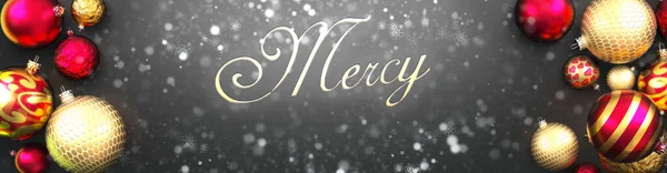 Mercy Christmas Schicke Schwarze Hintergrundkarte Mit Weihnachtskugeln Schnee Und Einem — Stockfoto