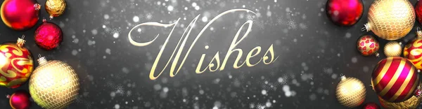 Wünsche Und Weihnachten Schicke Schwarze Hintergrundkarte Mit Weihnachtskugeln Schnee Und — Stockfoto