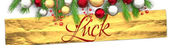 Glück Und Weiße Weihnachtskarte Mit Hellem Hintergrund Goldenem Geschenkpapier Weihnachtsschmuck — Stockfoto