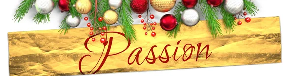 Passion Und Weiße Weihnachtskarte Mit Hellem Hintergrund Goldenem Geschenkpapier Weihnachtsschmuck — Stockfoto