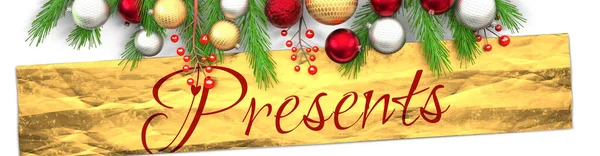 Geschenke Und Weiße Weihnachtskarte Mit Hellem Hintergrund Goldenem Geschenkpapier Weihnachtsschmuck — Stockfoto
