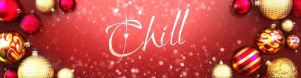 Chill Christmas Card Red Background Christmas Ornaments Balls Snow Fancy — 스톡 사진