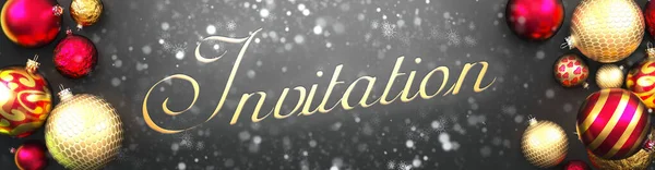 Einladung Und Weihnachten Schicke Schwarze Hintergrundkarte Mit Weihnachtskugeln Schnee Und — Stockfoto