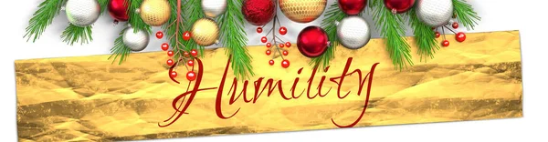 Demut Und Weiße Weihnachtskarte Mit Hellem Hintergrund Goldenem Geschenkpapier Weihnachtsschmuck — Stockfoto