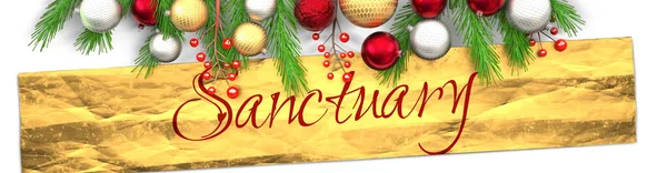 Heiligtum Und Weiße Weihnachtskarte Mit Hellem Hintergrund Goldenem Geschenkpapier Weihnachtsschmuck — Stockfoto