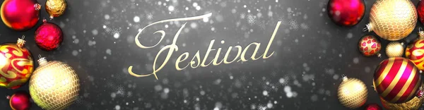 Festival Und Weihnachten Schicke Schwarze Hintergrundkarte Mit Weihnachtskugeln Schnee Und — Stockfoto