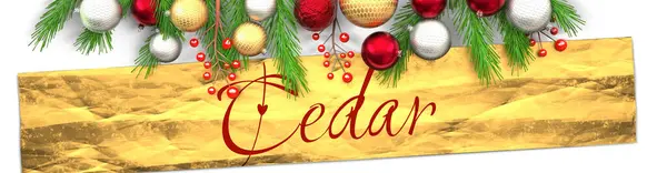 Zeder Weiße Weihnachtskarte Mit Hellem Hintergrund Goldenem Geschenkpapier Weihnachtsschmuck Und — Stockfoto