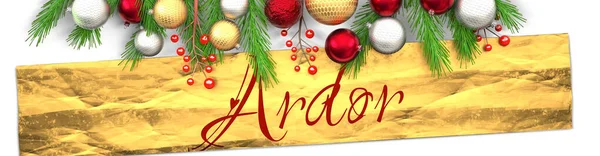 光の背景 黄金のプレゼント包装紙 クリスマスの装飾品や空想とエレガントな単語を持つアーダーと白のクリスマスカードアーダー 3Dイラスト — ストック写真