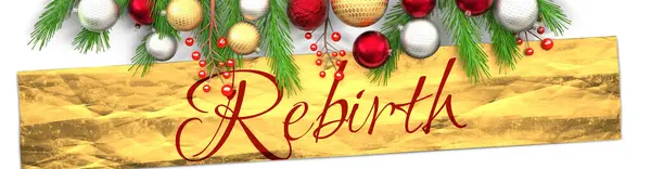 Rebirth Und Weiße Weihnachtskarte Mit Hellem Hintergrund Goldenem Geschenkpapier Weihnachtsschmuck — Stockfoto