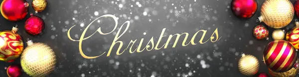 Weihnachten Elegant Schwarzer Hintergrund Karte Ornamentkugeln Schnee Und Eine Ausgefallene — Stockfoto