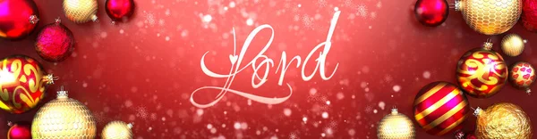 Lord Christmas Kaart Rode Achtergrond Met Kerst Ornament Ballen Sneeuw — Stockfoto