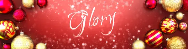 Glory Kartka Świąteczna Czerwone Tło Bombkami Świątecznymi Śnieg Fantazyjne Eleganckie — Zdjęcie stockowe