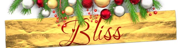 Glückseligkeit Und Weiße Weihnachtskarte Mit Hellem Hintergrund Goldenem Geschenkpapier Weihnachtsschmuck — Stockfoto
