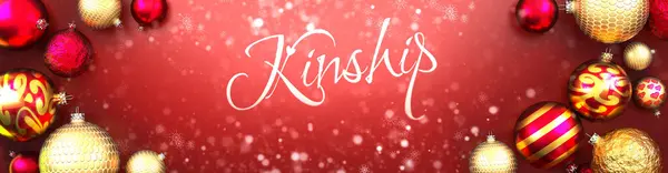 Kinship Carte Noël Fond Rouge Avec Boules Ornement Noël Neige — Photo