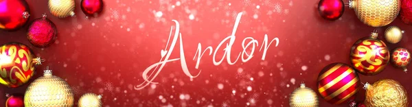 Ardor Carte Noël Fond Rouge Avec Boules Ornement Noël Neige — Photo