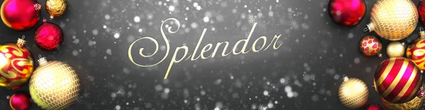 クリスマスの装飾ボール 雪とエレガントな単語のスプレンダーとクリスマス 空想の黒の背景カード 3Dイラスト — ストック写真