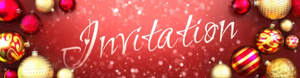 招待状とクリスマスカード クリスマスの装飾ボール 雪と空想的でエレガントな単語の招待状 3Dイラスト付きの赤い背景 — ストック写真