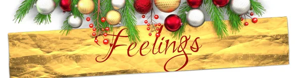 Gefühle Und Weiße Weihnachtskarte Mit Hellem Hintergrund Goldenem Geschenkpapier Weihnachtsschmuck — Stockfoto