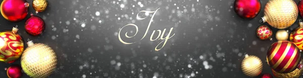 アイビーとクリスマス クリスマスの装飾ボール 雪とエレガントな単語アイビー 3Dイラストと空想の黒の背景カード — ストック写真